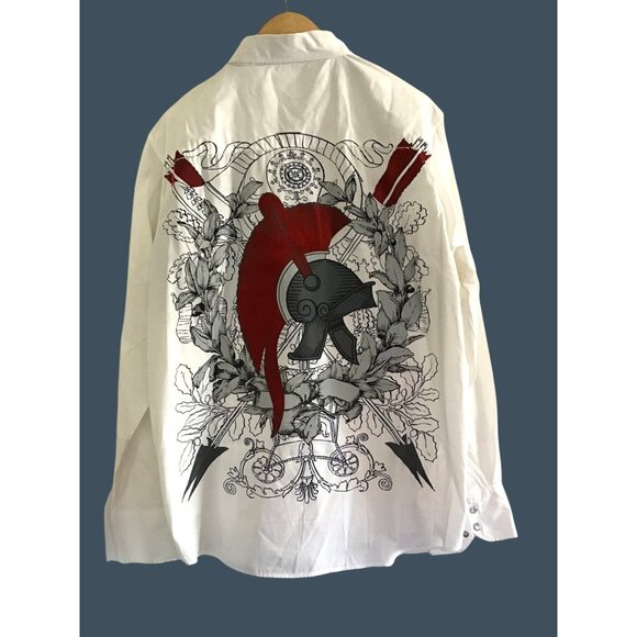 Mens Toku White Long Sleeve Button-Up Shirt With Red & Black Graphic Design Size - Picture 2 of 8